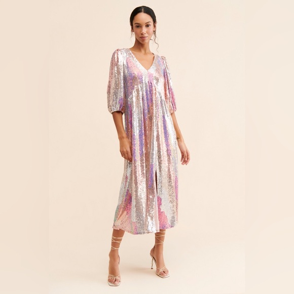 Anthropologie Turner Midi Dress Sequins Colorful  Bubble Sleeve NWOT Size Small - Picture 1 of 7